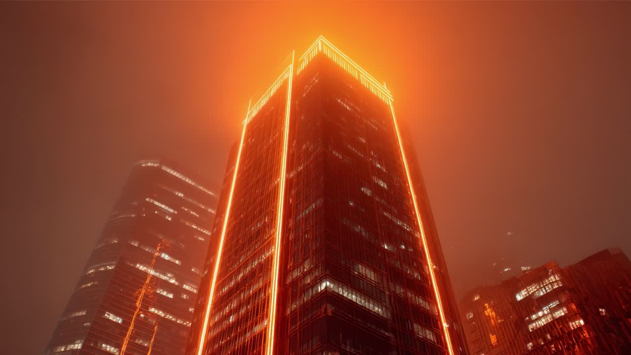 Low angle view of a modern skyscraper glowing with bright orange lights on a foggy night, representing corporate power, futuristic architecture, and success in a contemporary urban environment