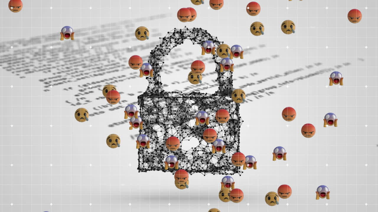 animación digital del icono de candado de seguridad y múltiples emojis de rostros contra el procesamiento de datos