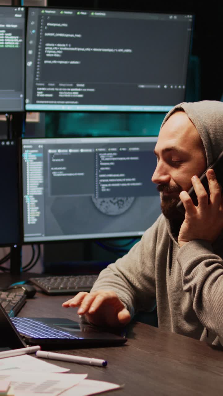 Vertical video: Young programmer talking on phone call in IT developing office
