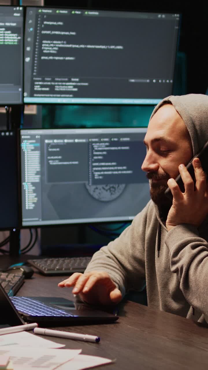 Vertical video: Young programmer talking on phone call in IT developing office