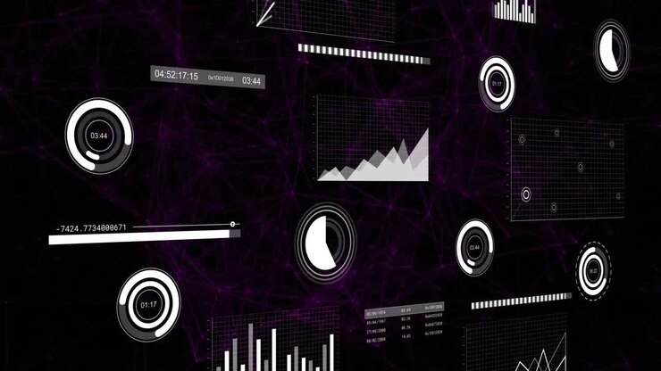 Tech HUD shifting right during pan as widgets updating dials rotating, charts refreshing for data