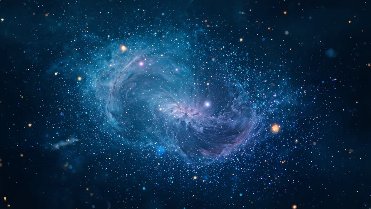 Swirling nebula cloud rotating in deep space, with drifting cosmic dust and shimmering stars