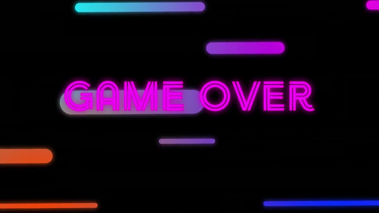 Animation of neon purple game over text banner over gradient light trails against black background
