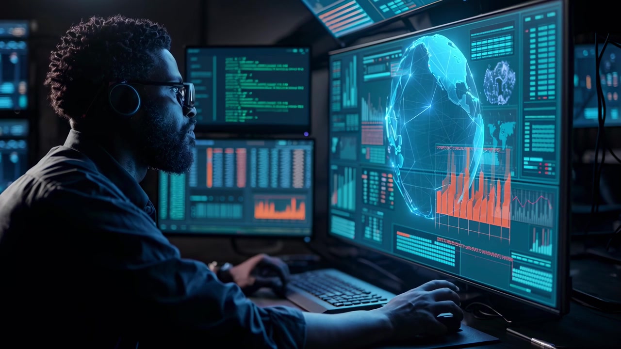 Software Engineer Monitoring Global Data on Multiple Computer Screens