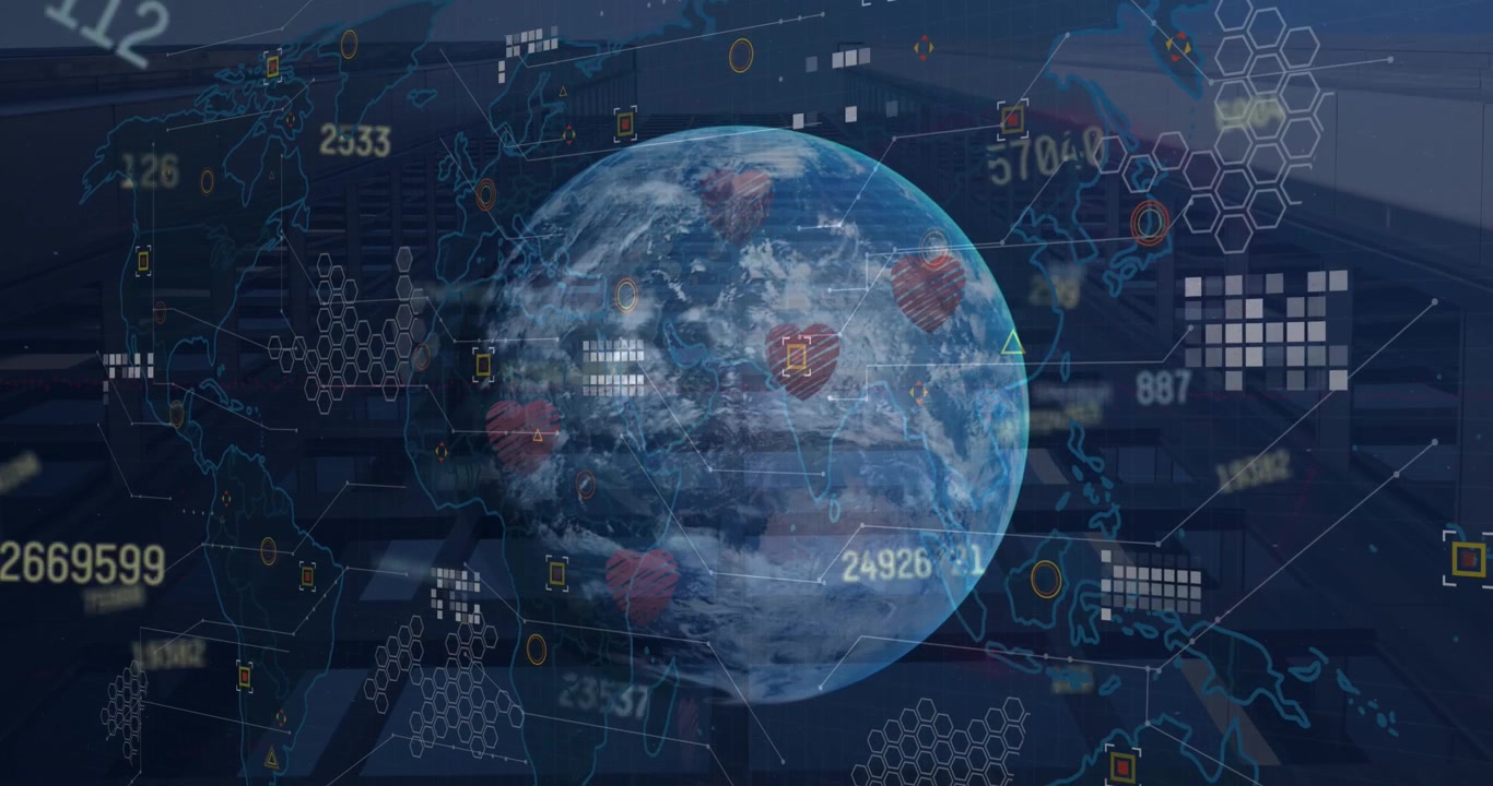 Animation of financial data processing with globe and world map over cityscape