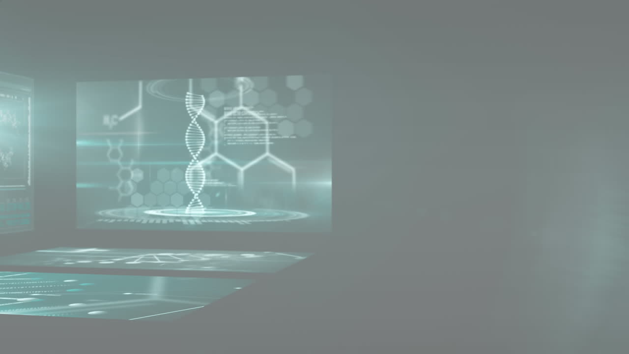 Animation of data processing on screens over blue background
