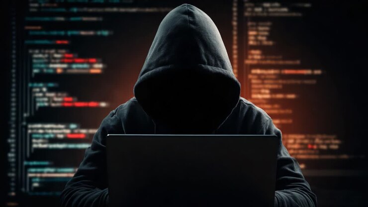 Una figura misteriosa con una felpa con cappuccio interagisce con un laptop tra righe di codice intricate, che riflettono il mondo oscuro della sicurezza informatica e dell'hacking