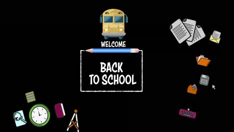 Animation-of-welcome-back-to-school-text-banner-and-school-concept-icons-on-black-background