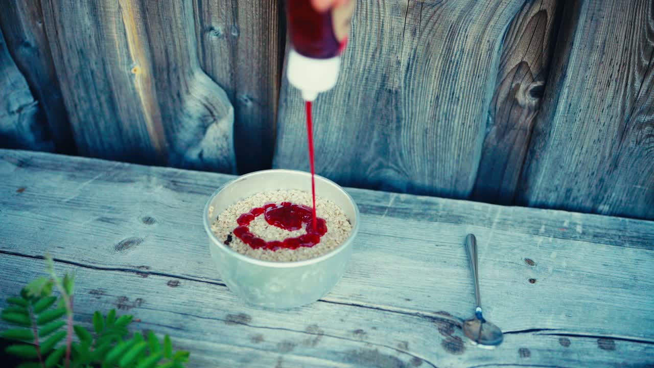 A Hand Drizzling Syrup Over a Bowl of Food Near iMalitjønna in Indre Fosen, Trøndelag, Norway - High Angle Shot