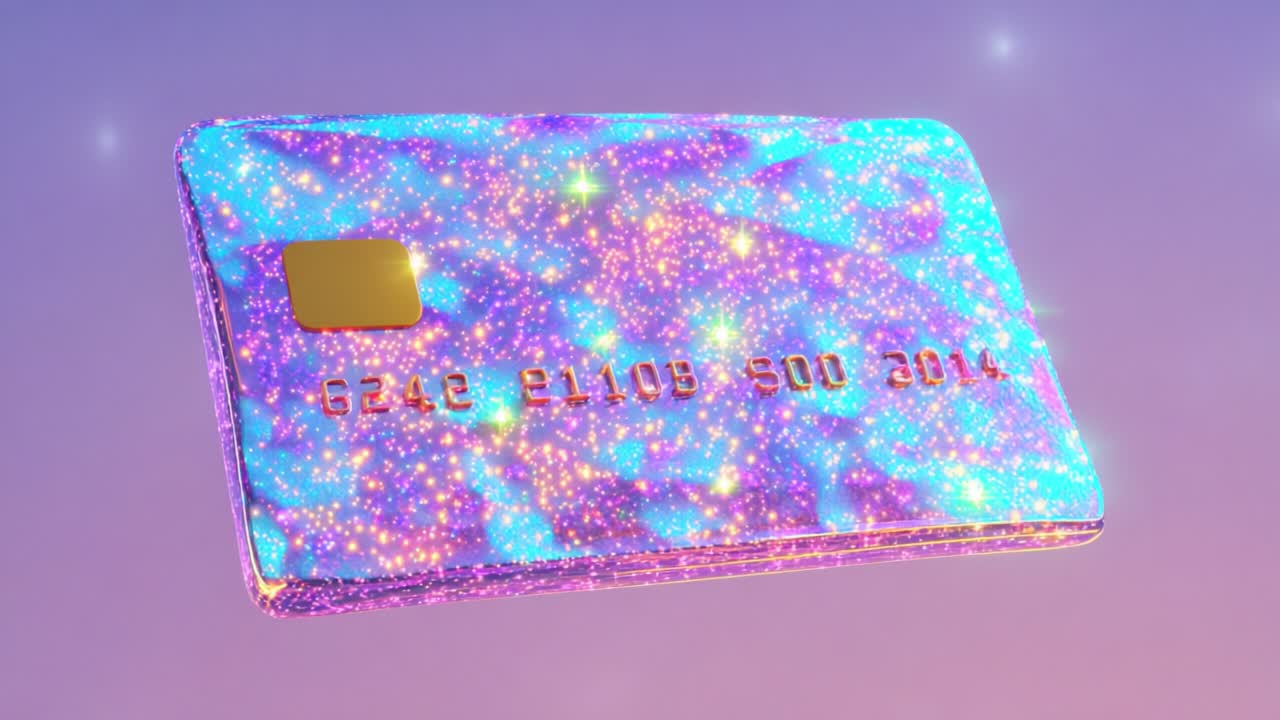 A dazzling and captivating cosmic-themed credit card floating against a pastel gradient background, showcasing a magical blend of stars, sparkles, and colors to inspire wonder and creativity