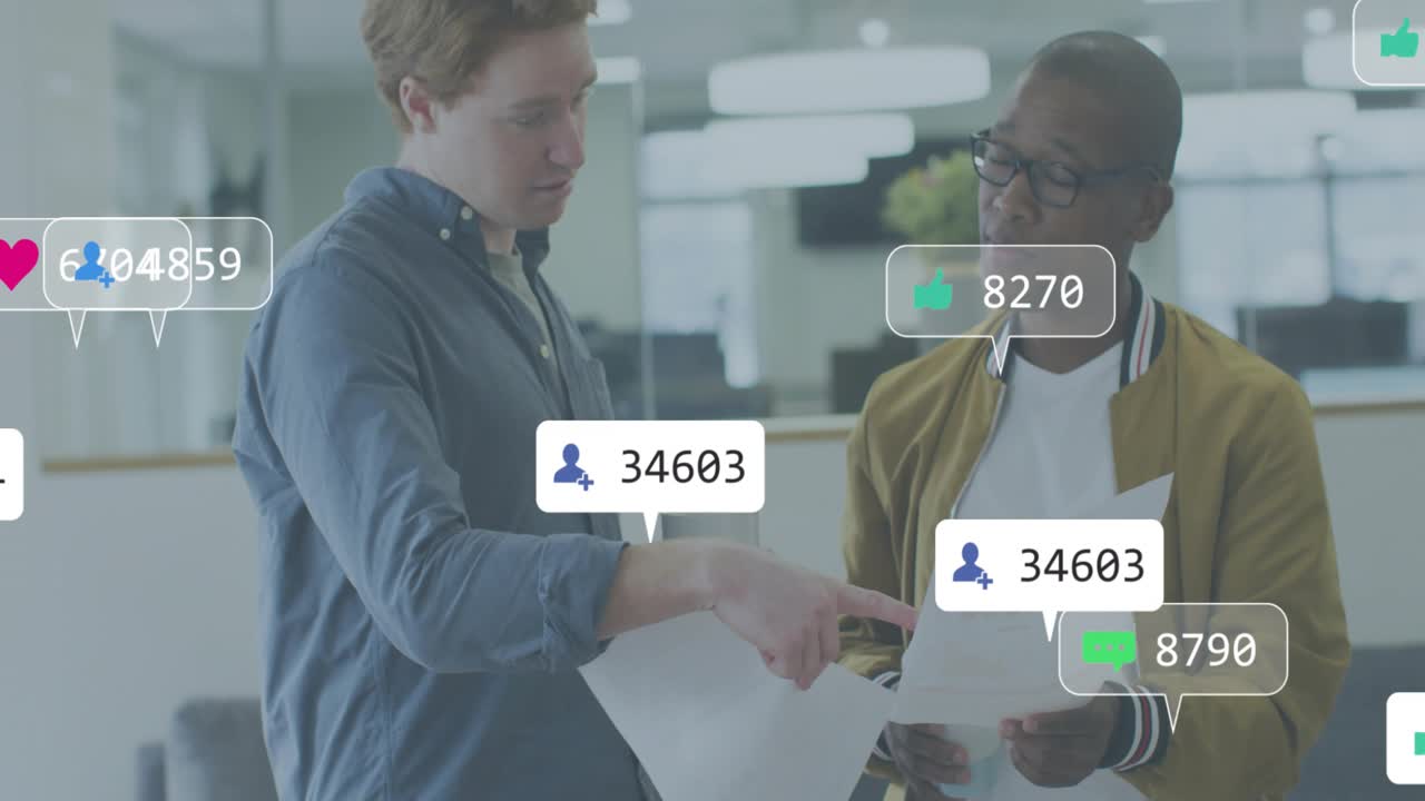 Coworkers discussing marketing metrics chart in office generating rising social icons then fading