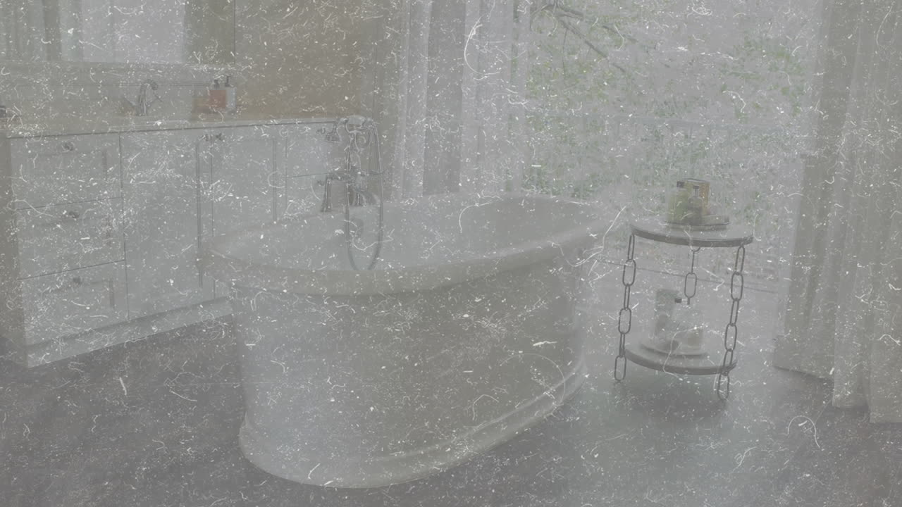 анимация слов, будьте в безопасности, оставайтесь дома, мигая, делая кадр над пустой ванной комнатой.