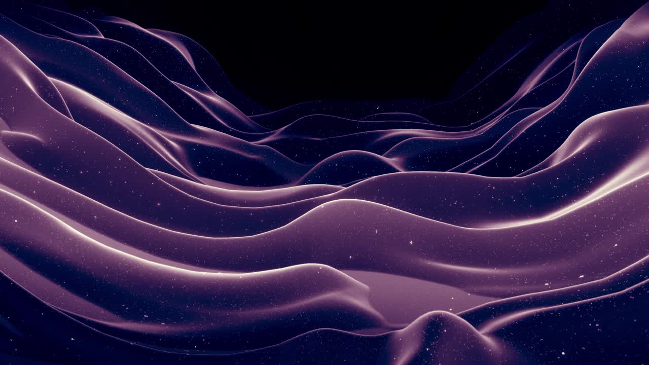 Abstract waves of soft black matte material with light inner glow and glitters on morphing surface. Abstract geometric surface like landscape or terrain, extrude or displace 3d noise. Loop 4k