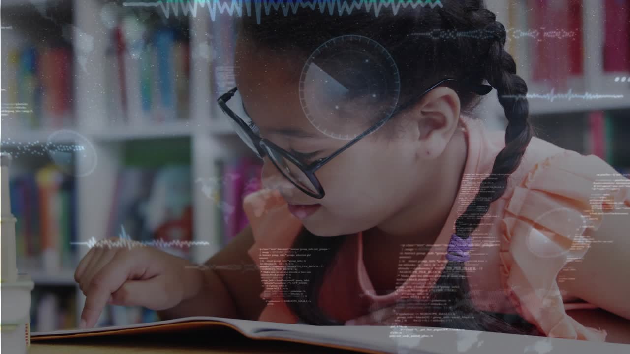 Child placing finger on open book, reading while adjusting glasses for education as HUD intensifies