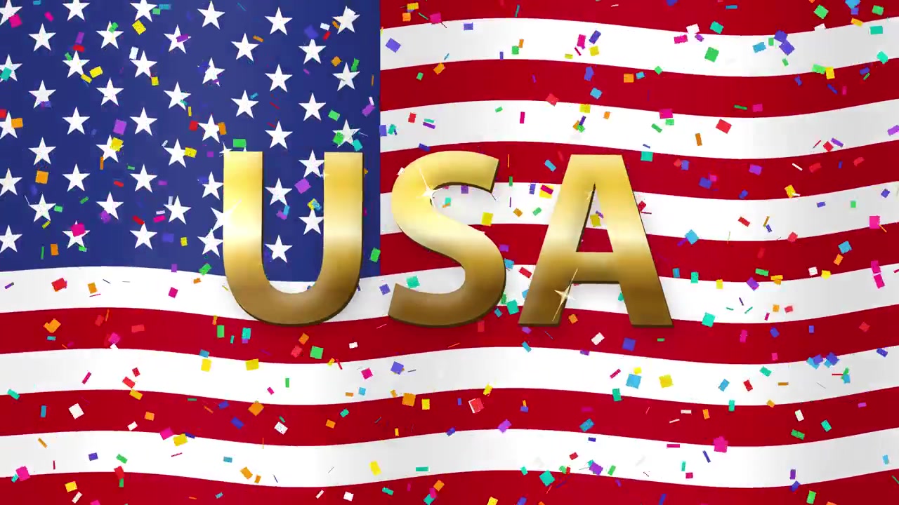 Animated American flag waving with metallic gold USA lettering and colorful falling confetti loop.