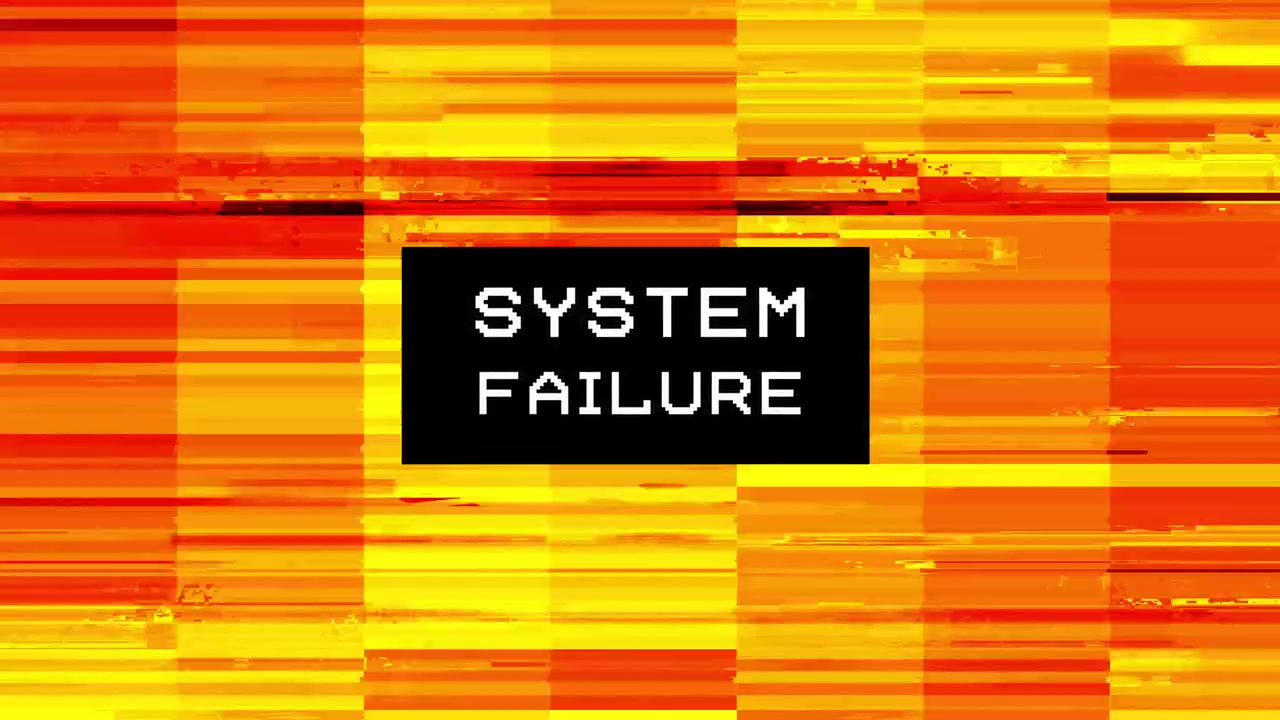 System Failure Message on Glitching Digital Screen with Orange and Yellow Noise