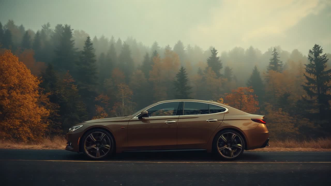 Tracking shot initiating bronze sedan cruising along rural road, highlighting misty autumn foliage