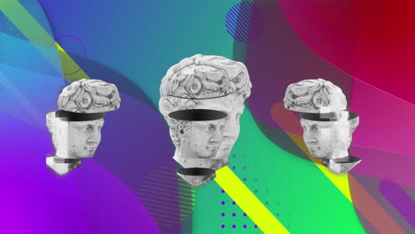 animación de esculturas de cabezas antiguas sobre formas abstractas de neón de fondo