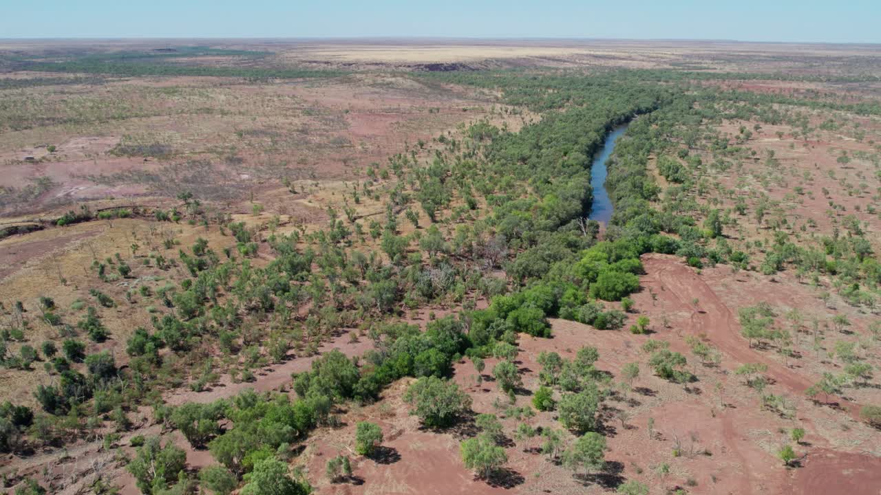 Drone view of the Victoria River and landscape north of Kalkarindji, Gurindji, Northern Territory, Australia, August 2022.