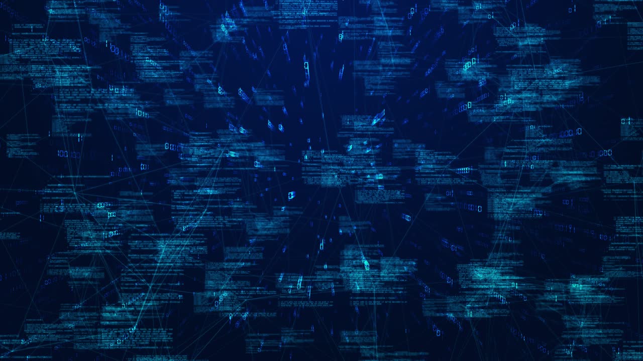 Abstract animation visualizing digital code through network connections over deep blue background