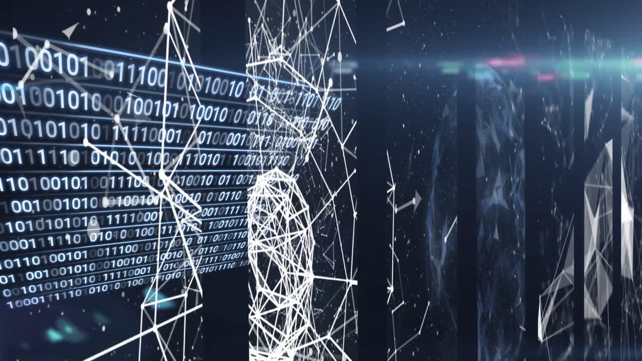 어두운 배경 위의 데이터 처리 및 연결 네트워크의 애니메이션