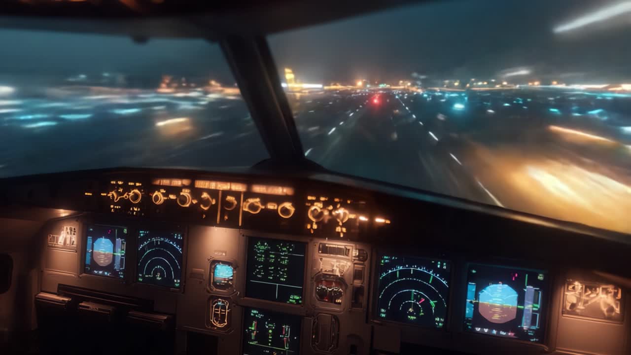 Una prospettiva dinamica dalla cabina di pilotaggio di un aereo di notte, catturando l'emozionante momento del decollo o dell'atterraggio con vivaci luci della città sullo sfondo.