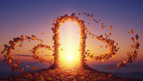 a magical portal framed by autumn leaves glows with warm light at sunset, inviting the viewer into a dreamlike adventure surrounded by nature's beauty