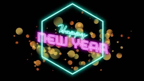Animation-of-happy-new-year-neon-text-over-light-spots