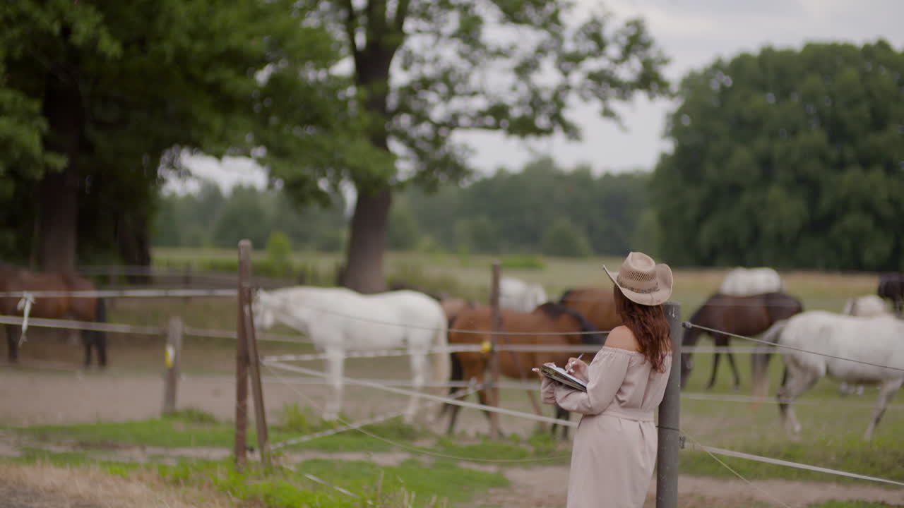 Donna con cappello da cowboy che scrive su un blocco appunti in un pascolo di cavalli
