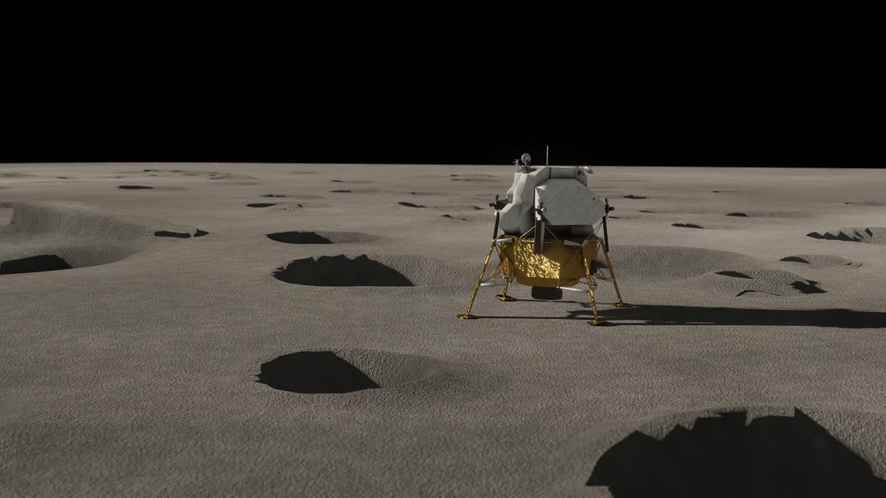 3D Animation showing the Lunar Module on the surface of the Moon amongst some craters