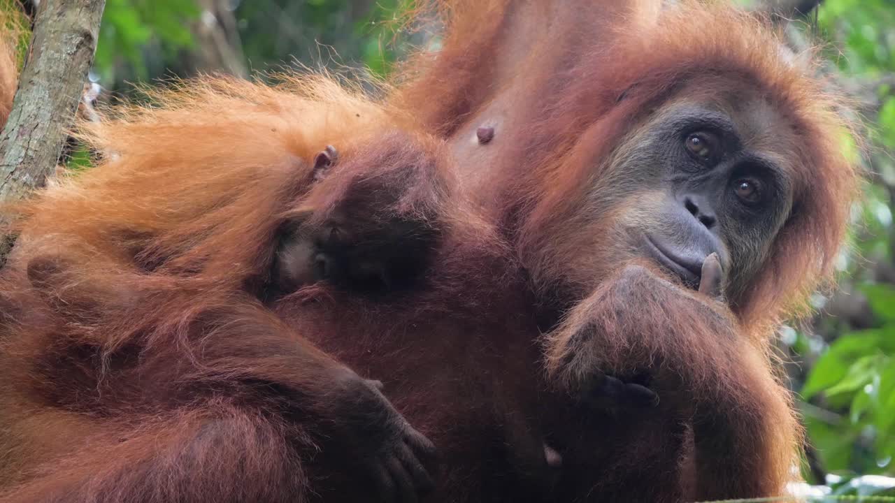 Primo piano di una femmina di orangutan selvatica con il suo cucciolo che le tocca la bocca a Bukit Lawang, Sumatra, Indonesia