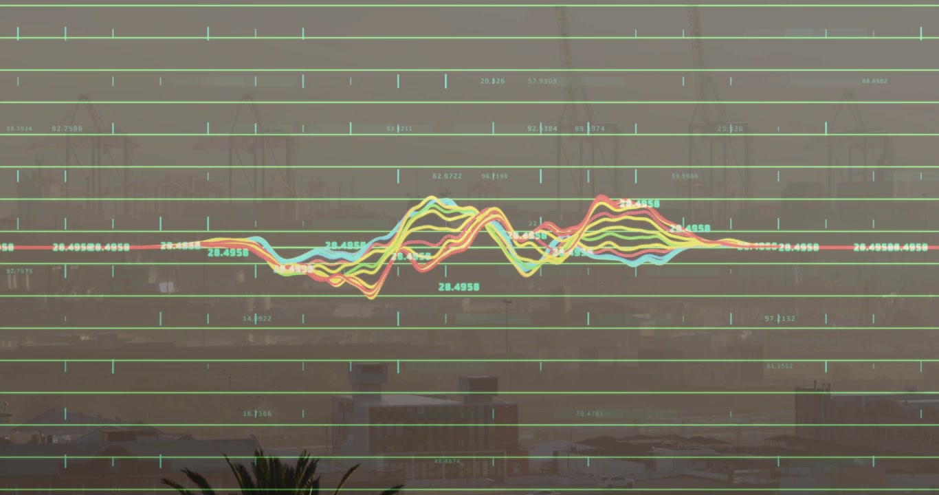 On data feed starting waveform chart rising splitting visualizing data patterns over foggy skyline