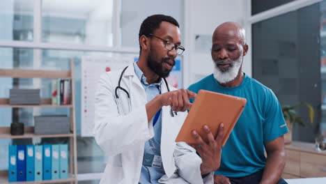 Senior-man,-physiotherapy-and-doctor-on-tablet