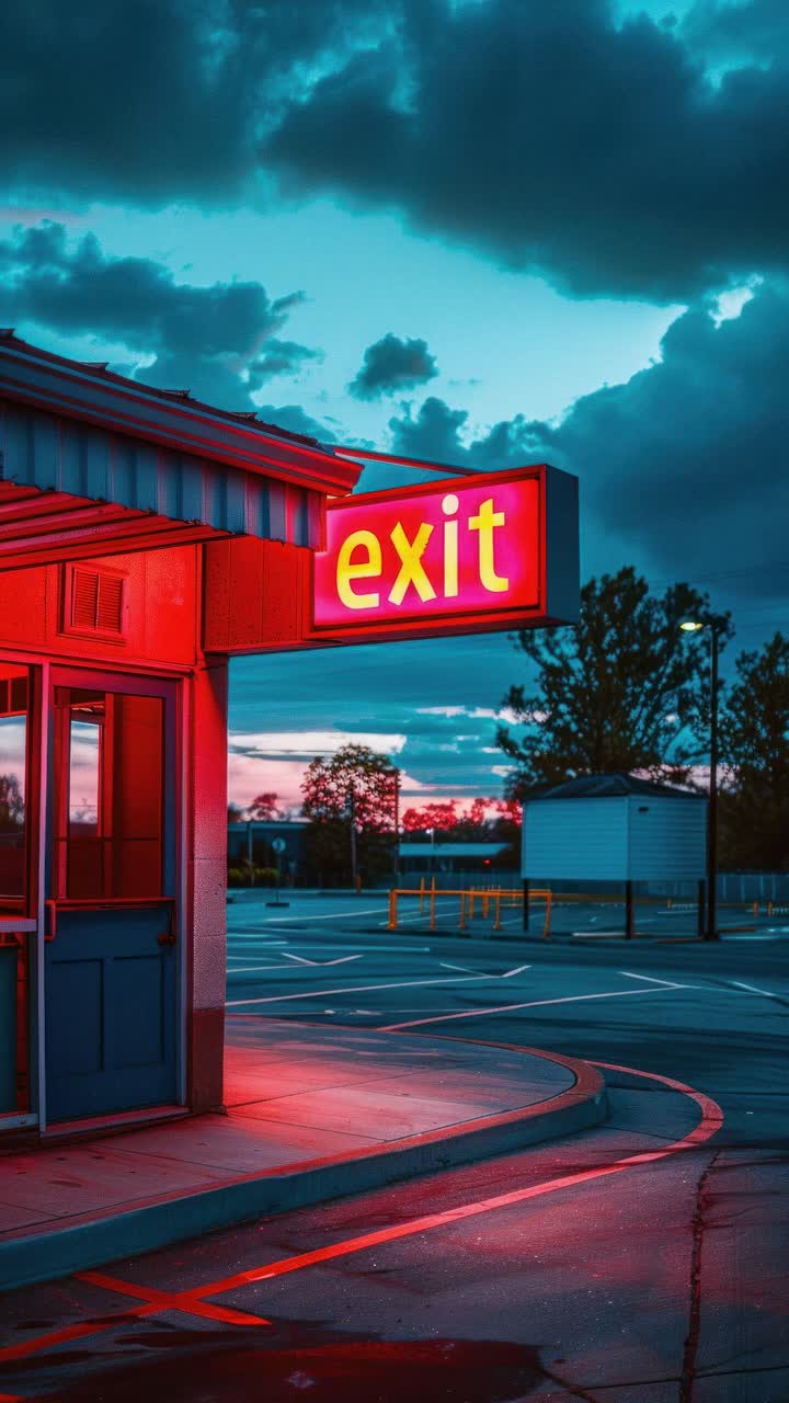 A vibrant, neon-lit exit sign glows under a moody sky, captured at eye level