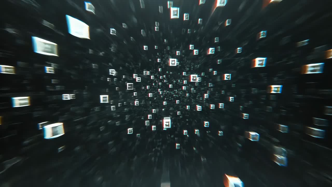 Emerging dense translucent 3D cubes while accelerating toward central vanishing point through void