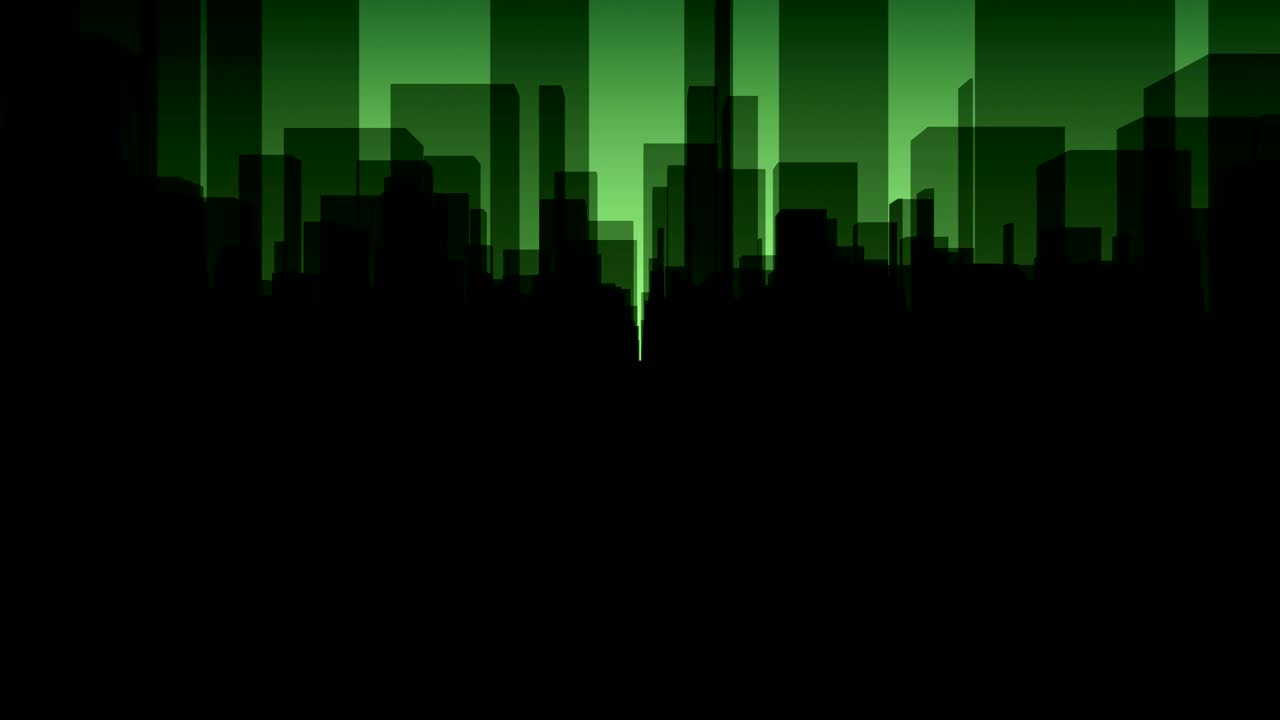 Volo attraverso una città virtuale oscura con uno sfondo verde in 4K.