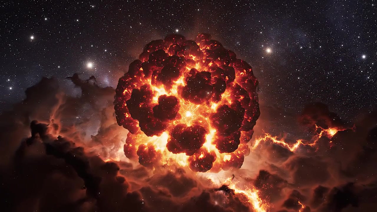 Filmatisk supernovaeksplosjon med brennende tåkeskyer i verdensrommet.