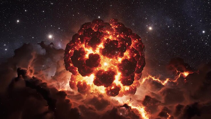 Cinematic supernova explosion with fiery nebula clouds in deep space