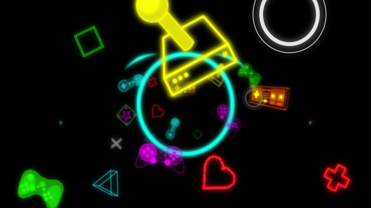 Animazione di icone e forme di gioco al neon su sfondo nero