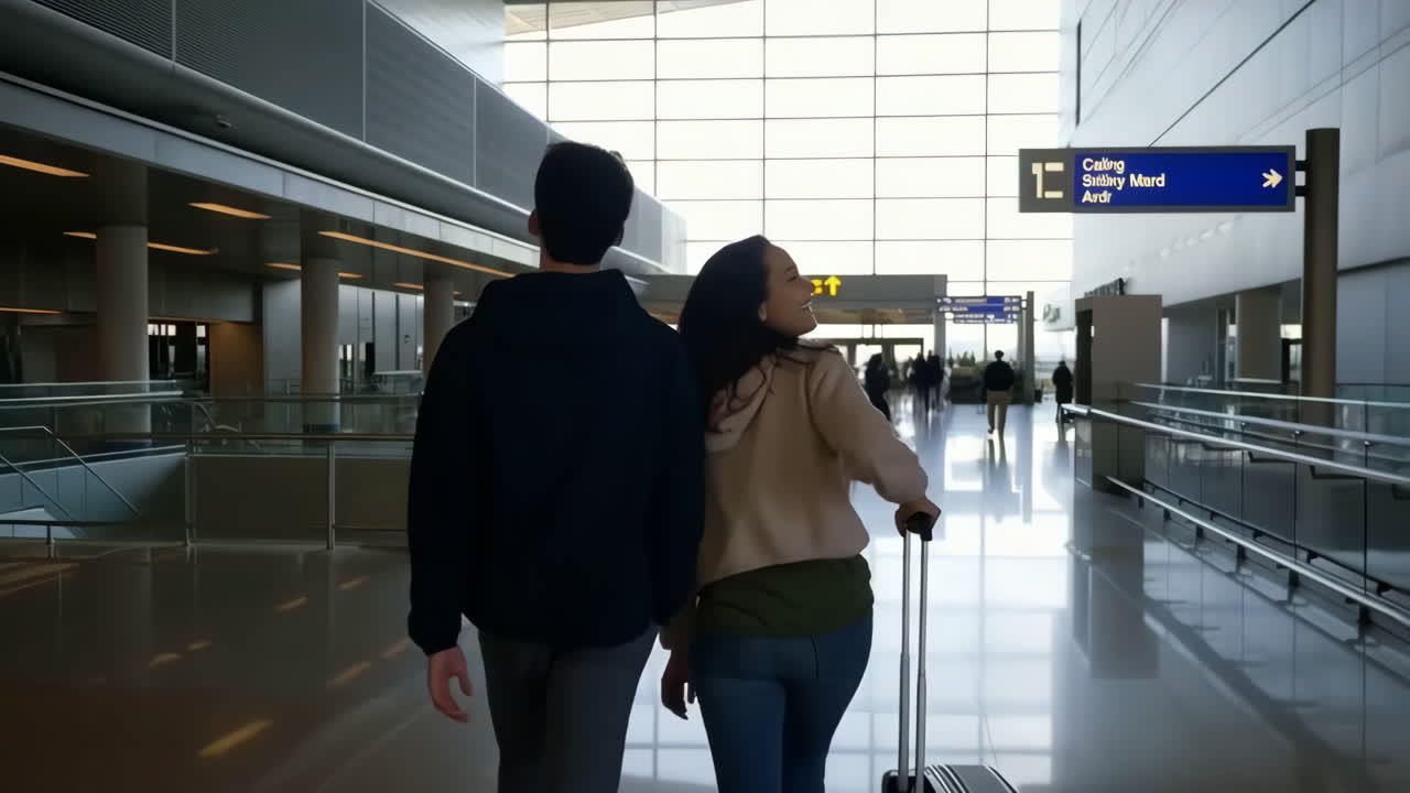 Couple Walking Through a Modern Airport Terminal