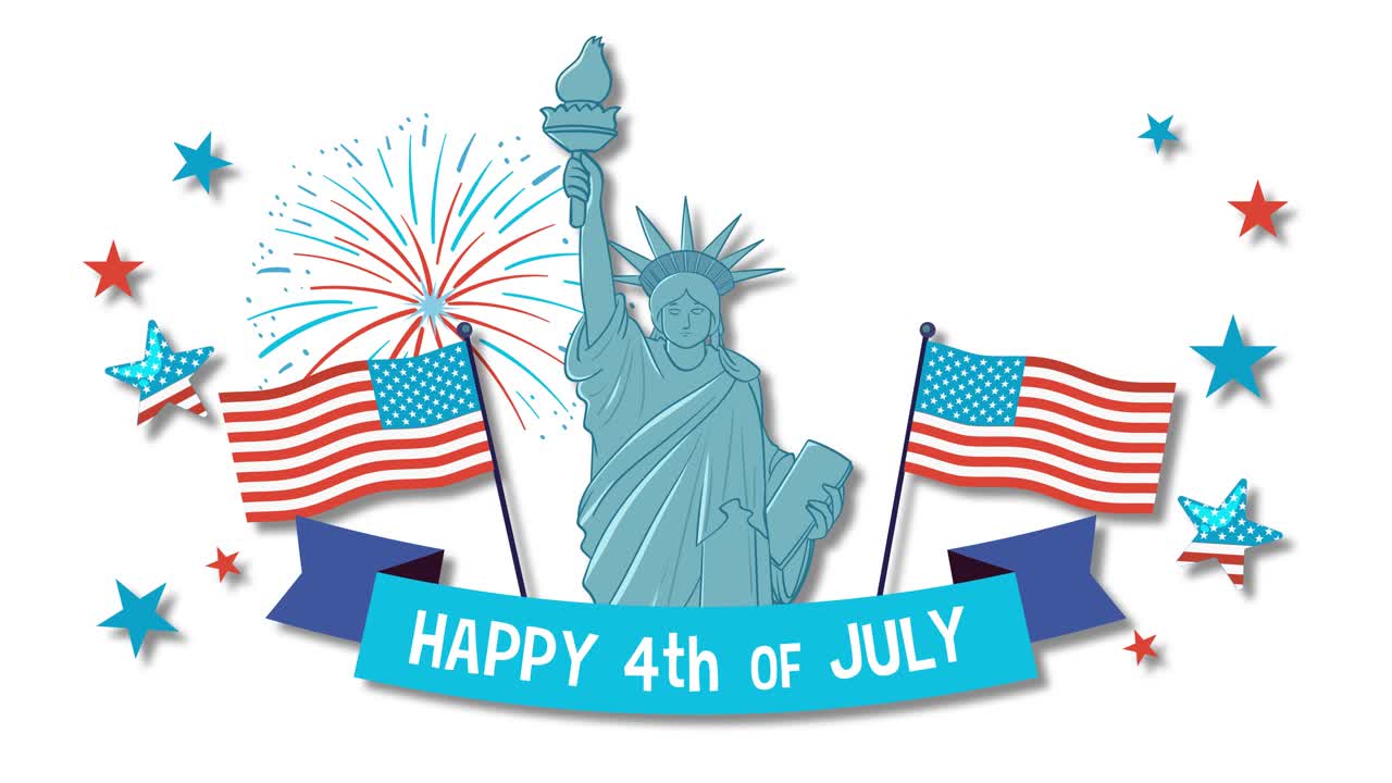 Animated sequence featuring the Statue of Liberty, American flags, and fireworks in a festive, patriotic theme