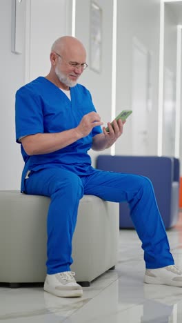 Vertical-video-of-a-confident-elderly-man-with-a-gray-beard-in-blue-doctors-clothes-sits-on-ottomans-in-the-White-corridor-and-scrolls-through-his-feed-on-social-networks-during-his-break-during-the-doctors-working-day