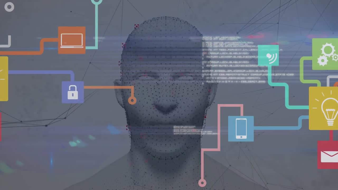 Animation of network of connections with icons over human head