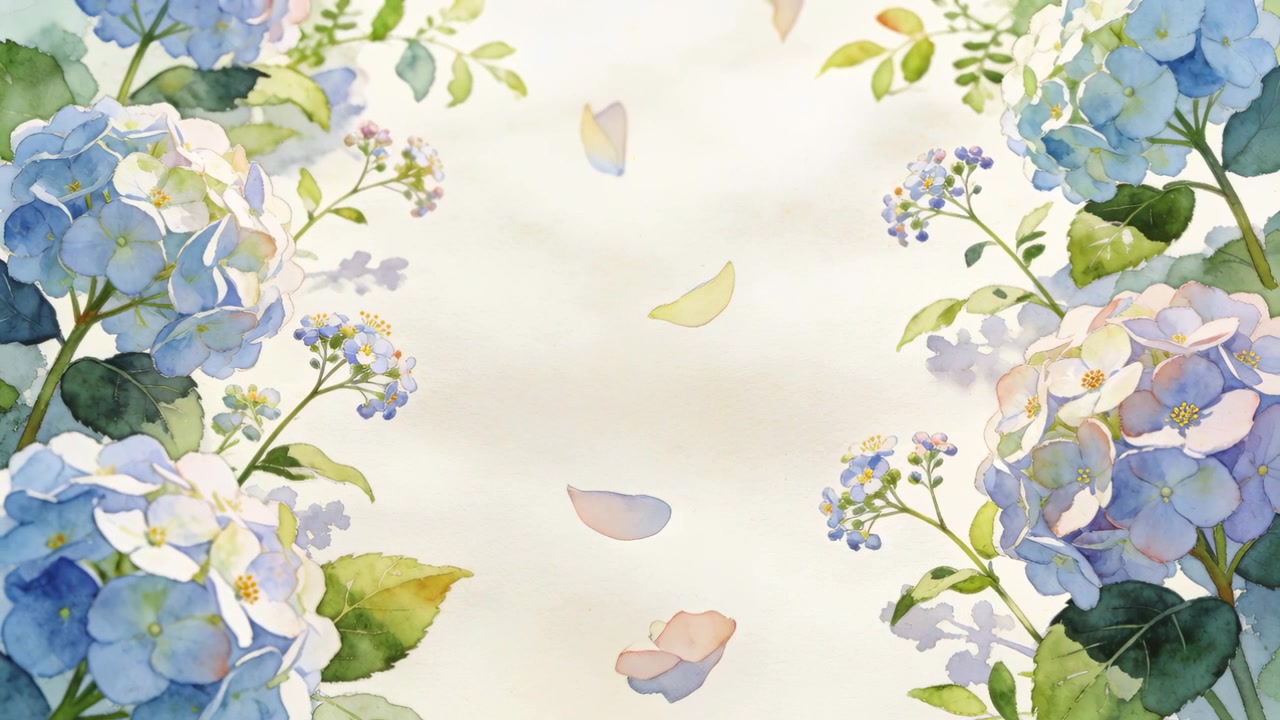 Second frame sending pastel petals drifting down central parchment, filling column, hydrangeas