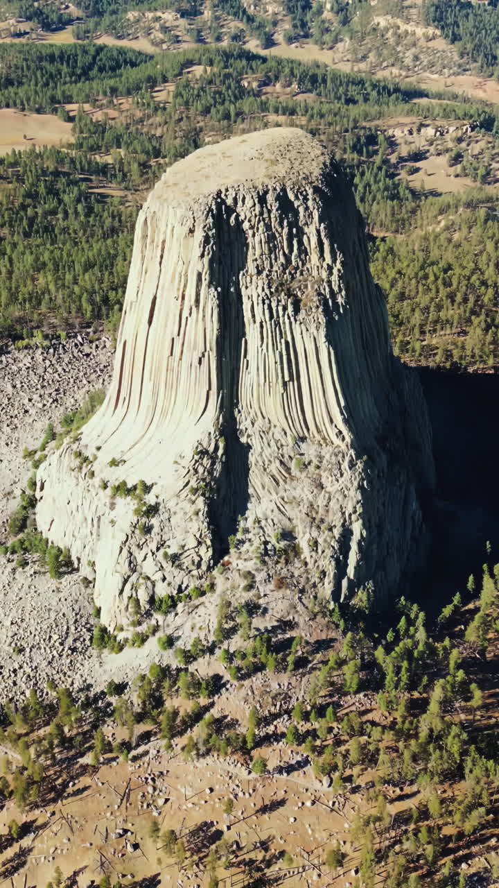 Vista aerea con drone del Monumento Nazionale Devils Tower che si erge imponente sopra il paesaggio circostante in Wyoming, USA. Verticale.