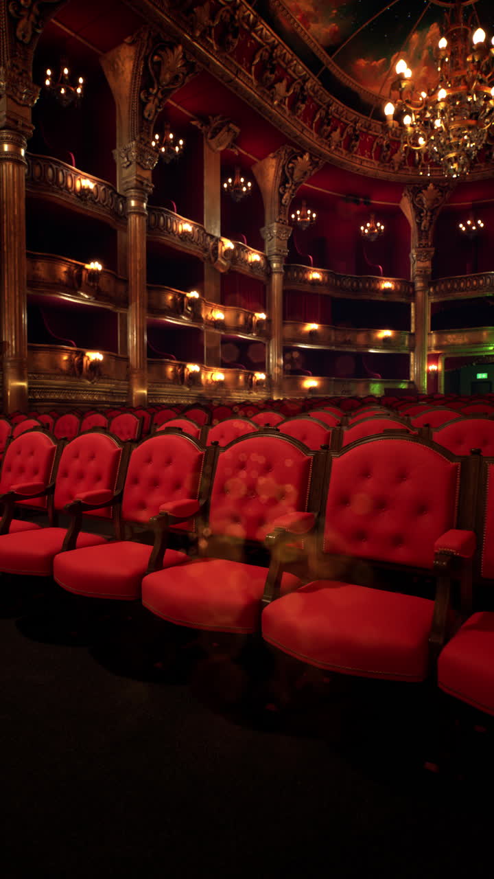 Eleganti poltrone rosse del teatro attendono la rappresentazione di una grande serata d'opera