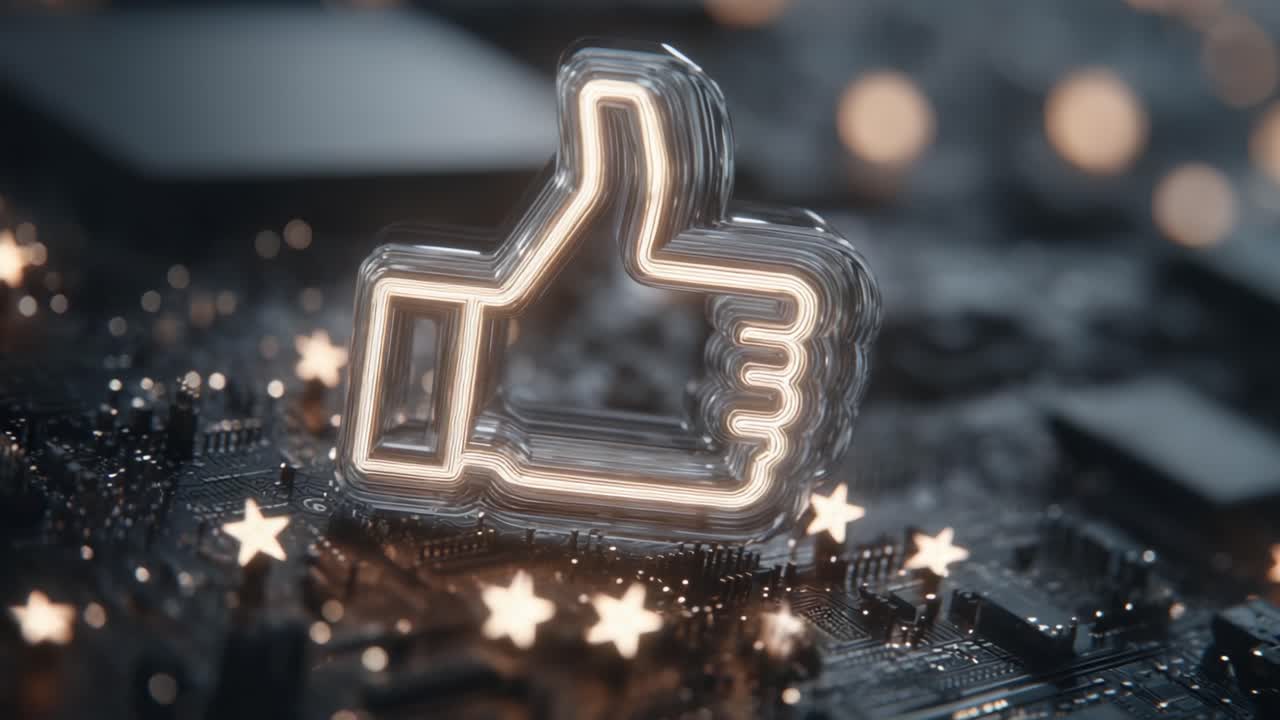 A Digital Representation of Approval: A Glowing Thumbs-Up Icon Over a Circuit Board Background with Festive Stars, Symbolizing Positive Engagement in Modern Technology