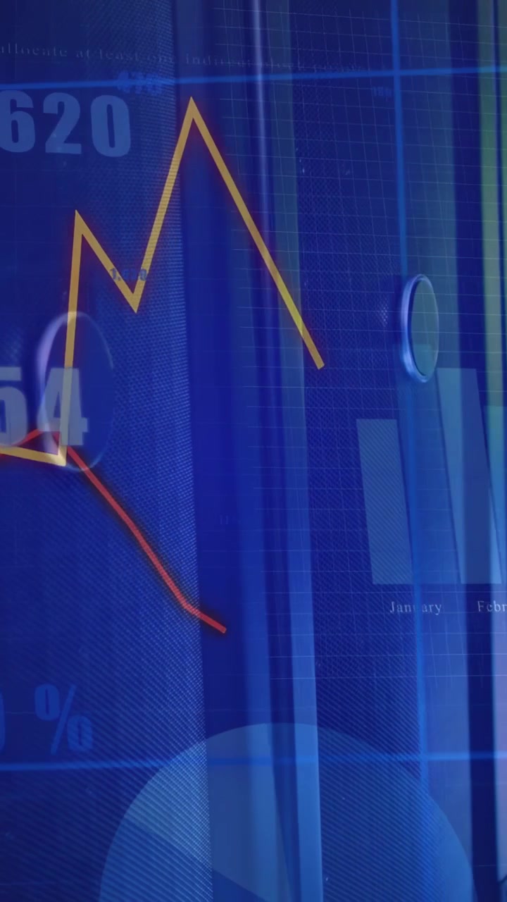 Vertical video: Data update metal panel holding finance showing crossing lines, bars tracking KPIs