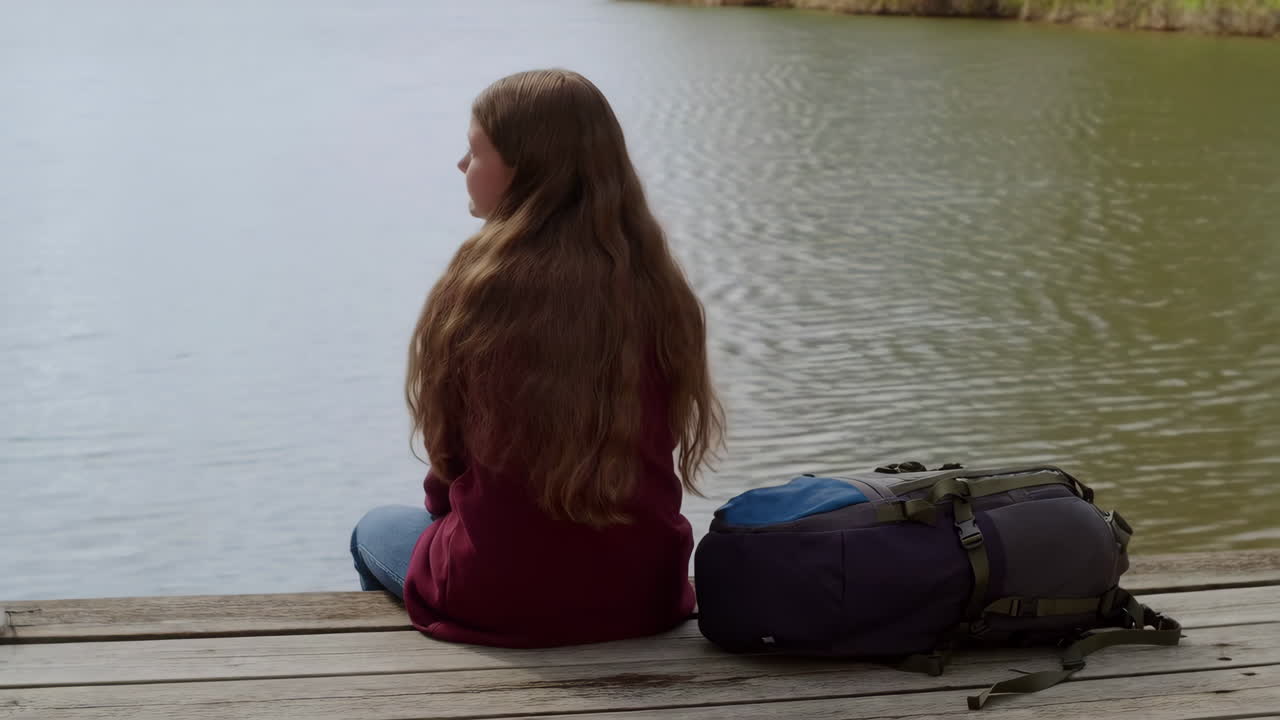 Woman Sitting on Dock with Backpack by Lake