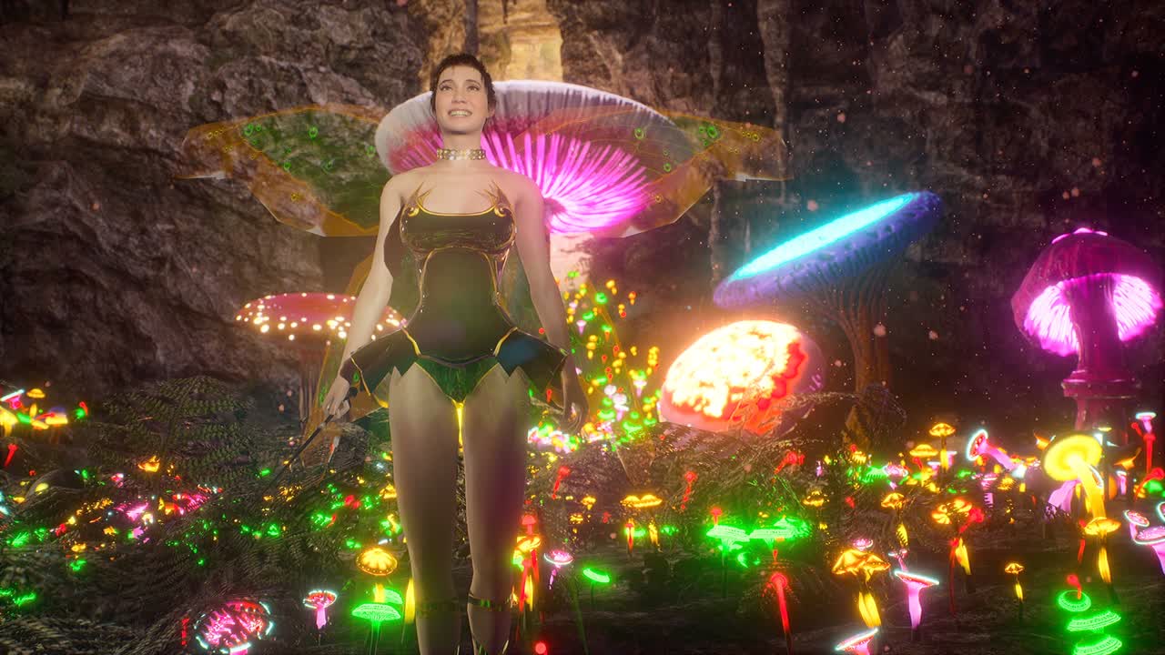 una hermosa hada admira una cueva mística mágica. la mujer fue creada con la ayuda de gráficos por computadora 3d. renderización 3d. la animación en bucle es perfecta para cuentos de hadas y fondos mágicos.